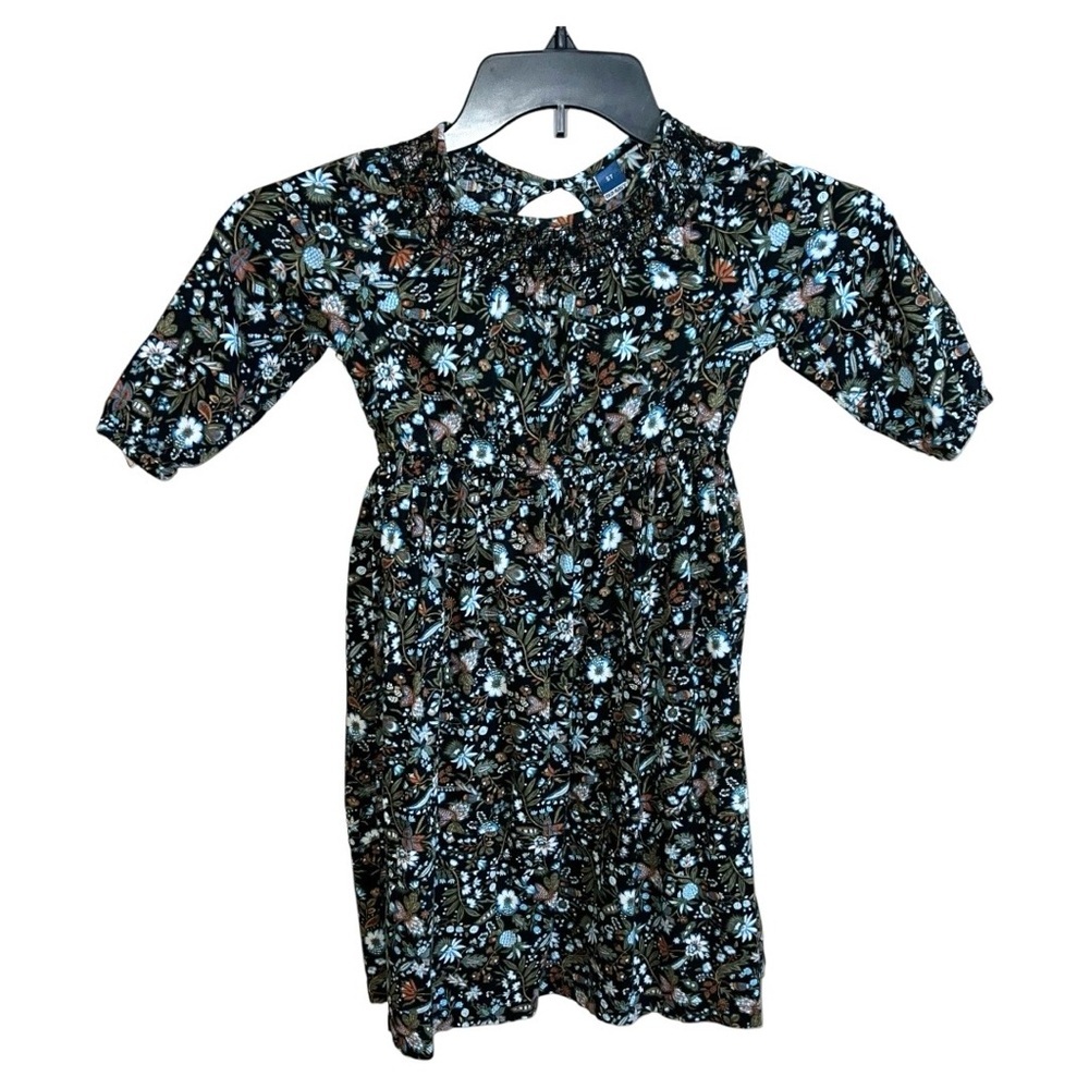 Old Navy Dress Girls Size 5T Black Green Orange Blue Flora 3/4 Sleeve Casual